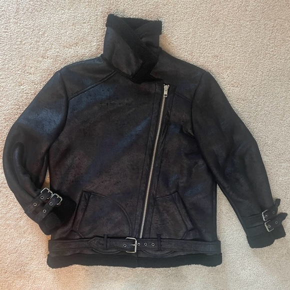 American Eagle Faux Suede Shearling Lined Distressed Moto Jacket,  Bl,  Sz XL - Picture 10 of 16